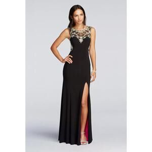 Betsy & Adam Black Maxi Dress with Gold Accents